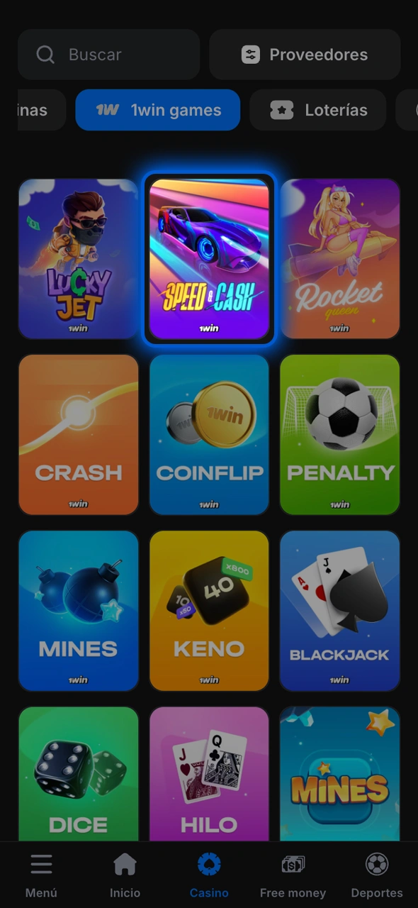 Instala la aplicación 1win para iOS y juega a Speed and Cash en tu iPhone.