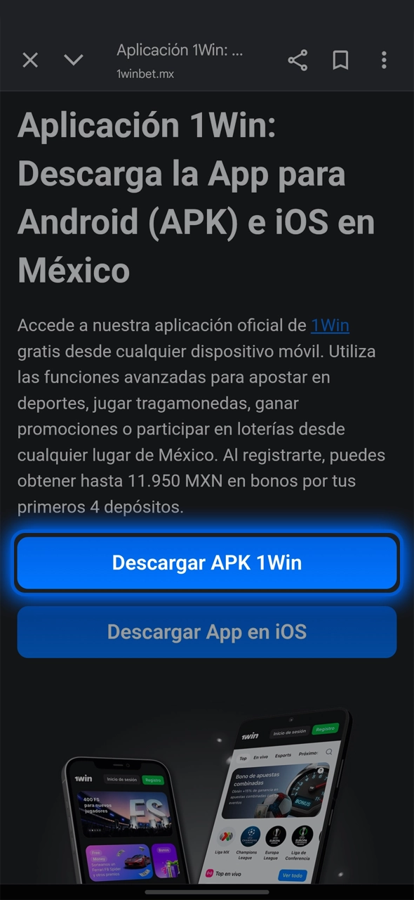Haz clic para descargar el archivo apk oficial de 1Win en Android.