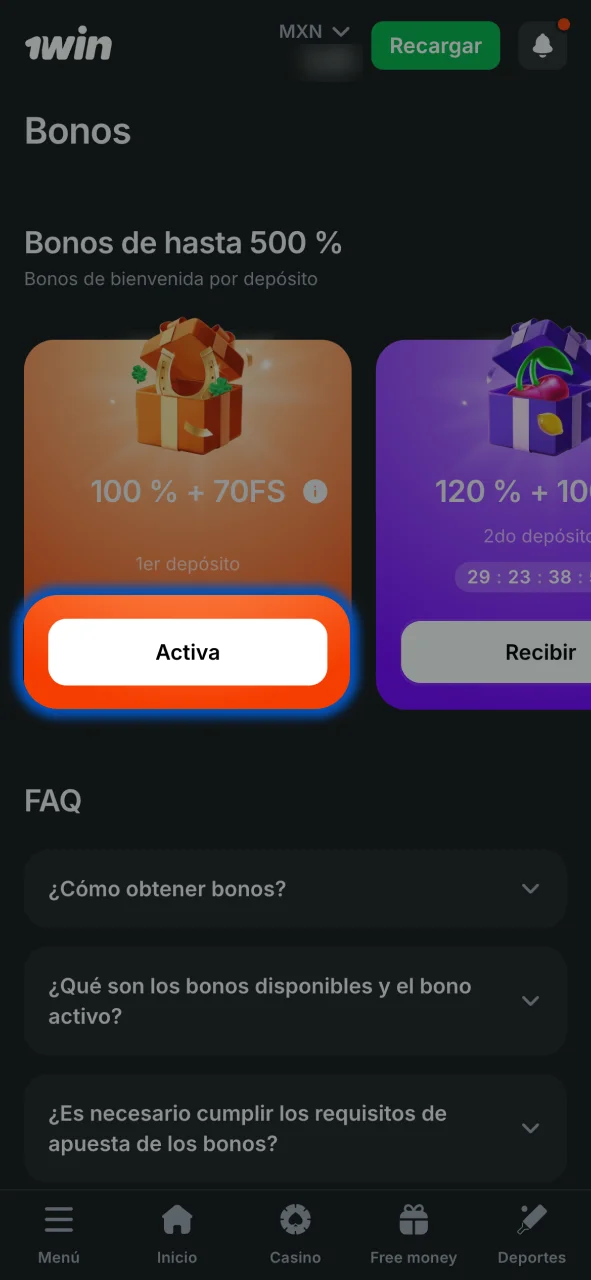 Activa el bono en 1win y asegúrate de que tus apuestas cuenten.