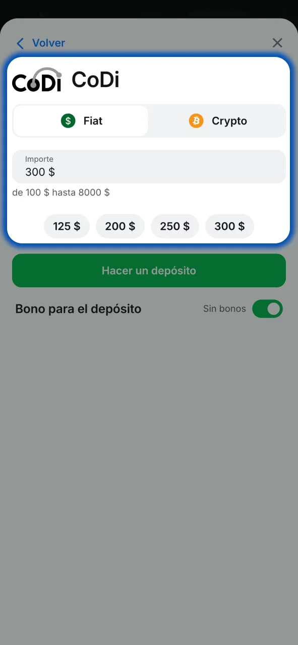 Configura tu depósito en 1win eligiendo método y escribiendo el monto mínimo requerido.