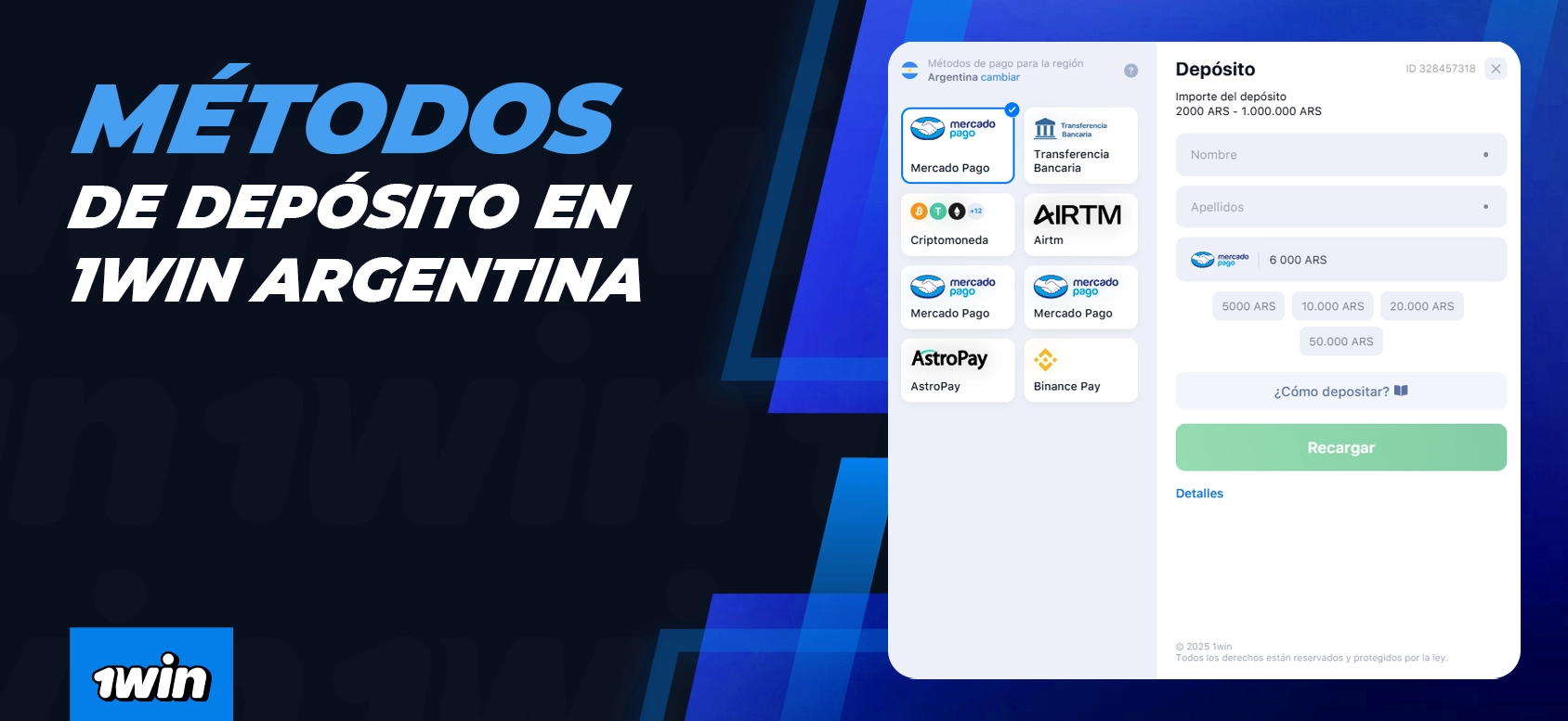 Métodos disponibles para recargar la cuenta en 1Win en Argentina.