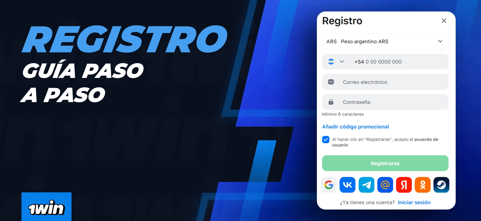 Instrucciones paso a paso para registrarse en 1Win en Argentina.