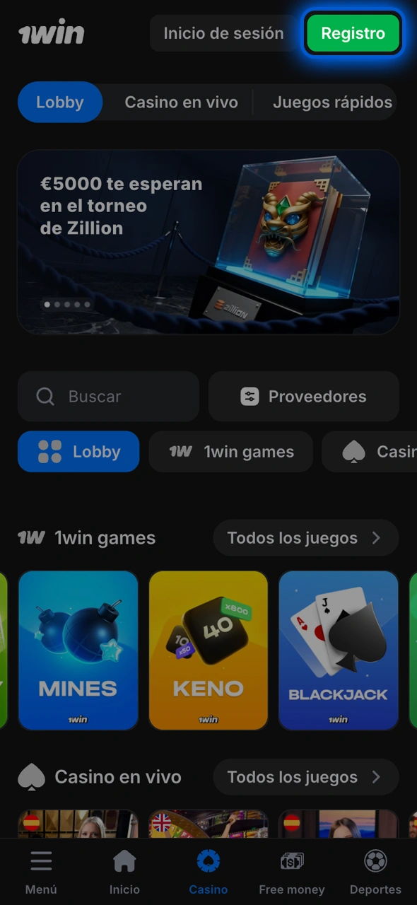 Haga clic en el botón de registro en la página principal de 1win.