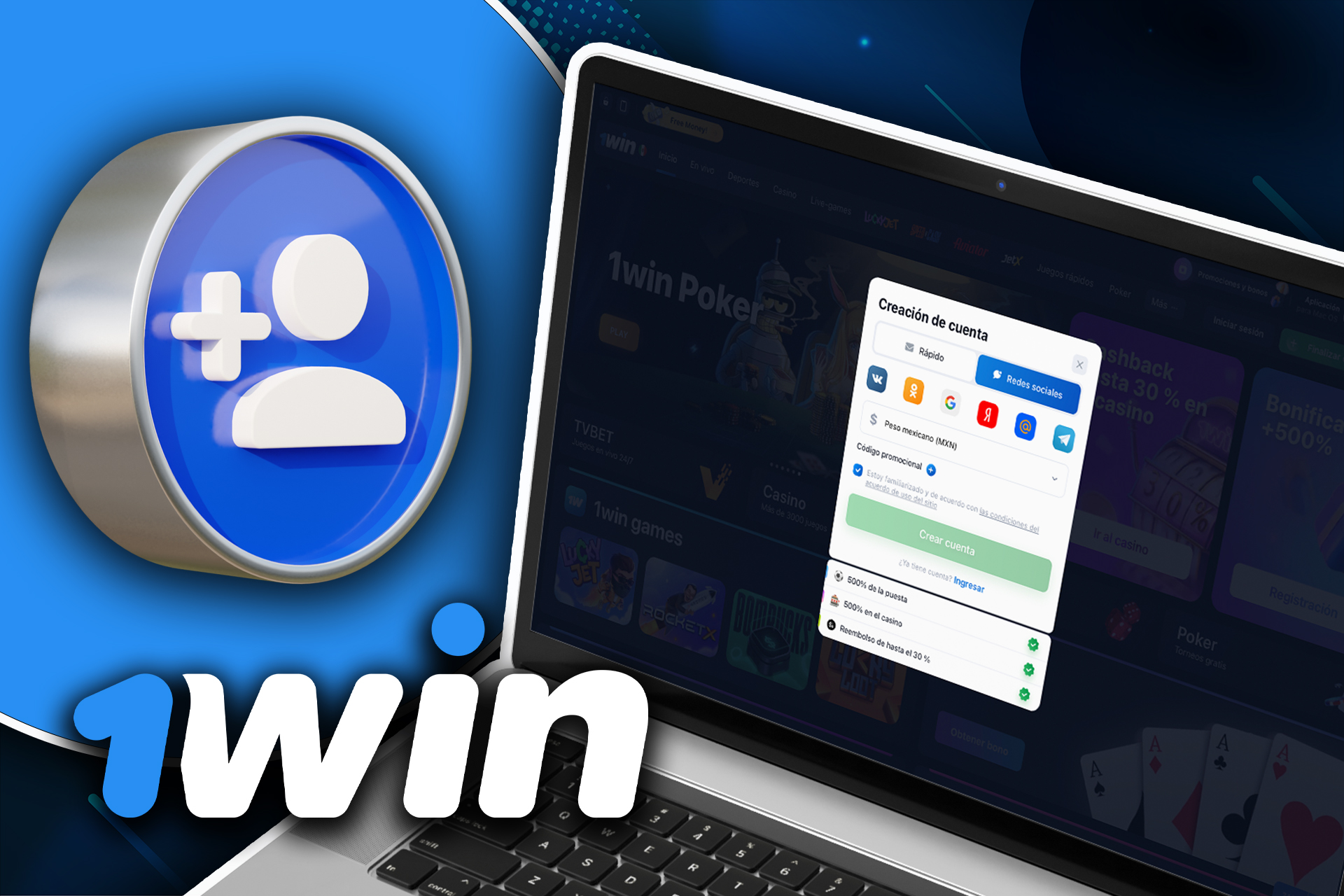 Puedes registrarte en 1win a través de tu cuenta de redes sociales.