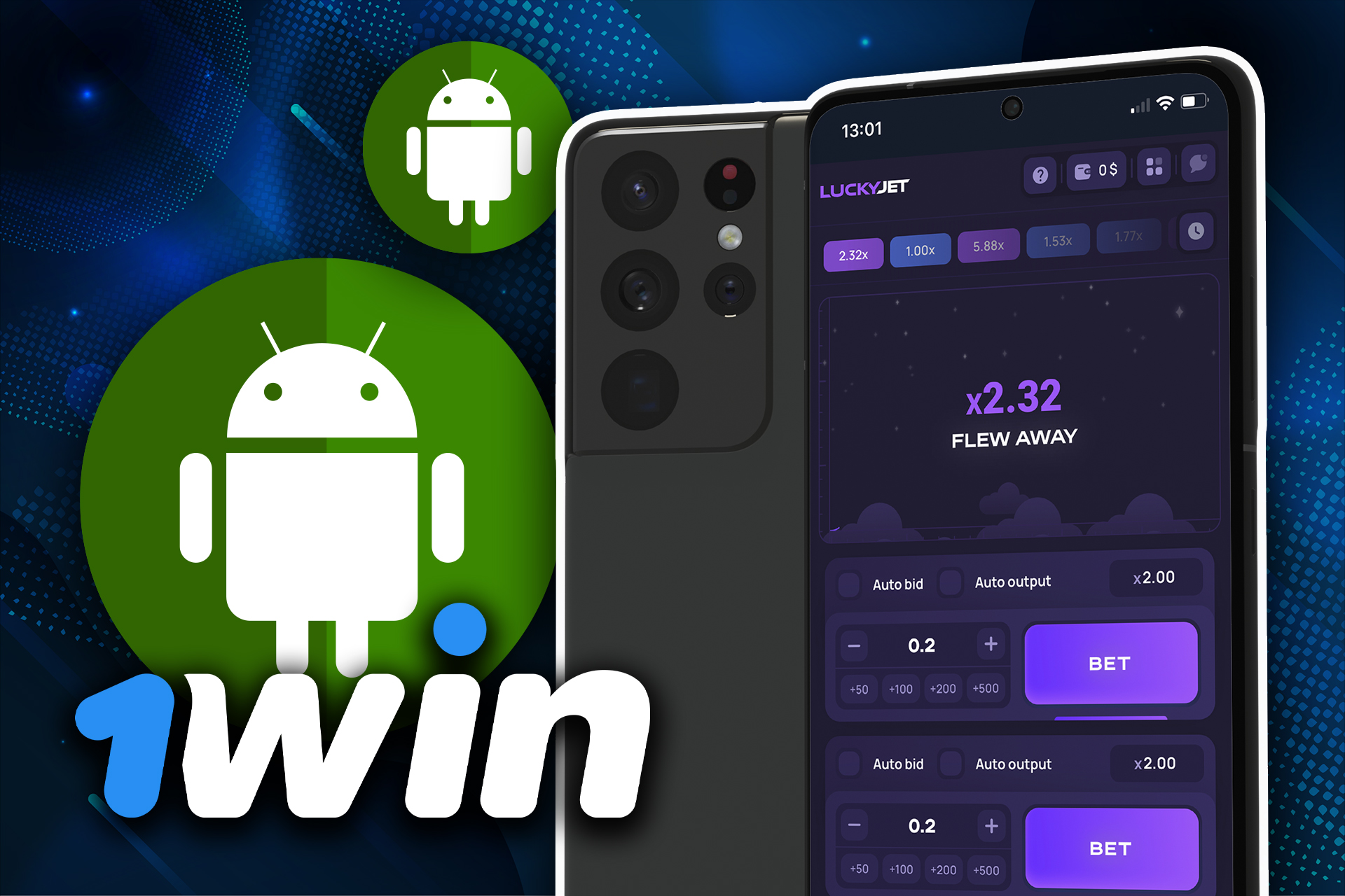 Abre la página web de 1win, descarga la aplicación para Android y juega a Lucky Jet desde tu smartphone.