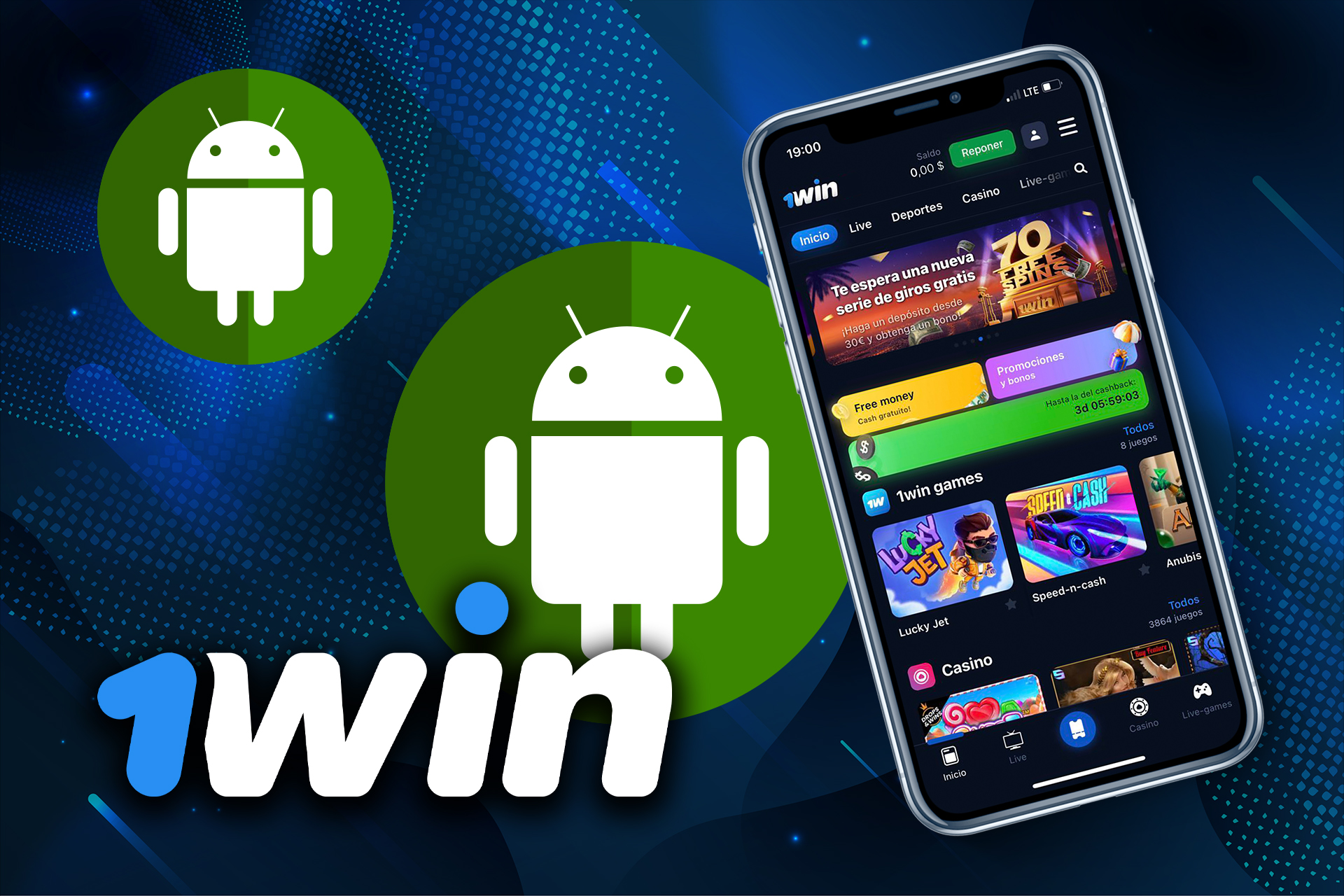 Descarga la aplicación 1win en tu dispositivo Android y apuesta directamente desde tu Teléfono.