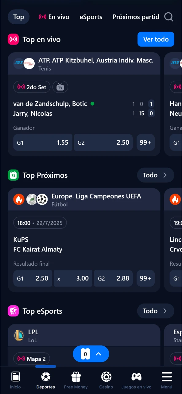 Seccion de apuestas deportivas en el sitio oficial 1Win con eventos en vivo.