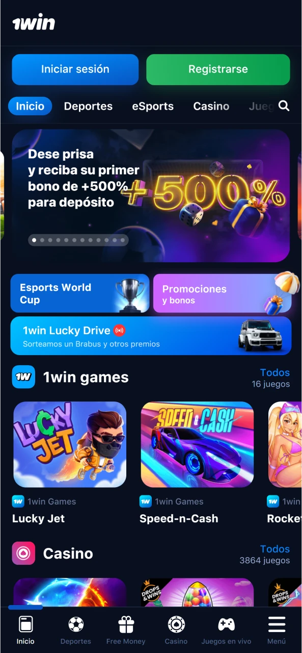 Vista principal del sitio oficial 1Win con acceso a casino y apuestas deportivas.