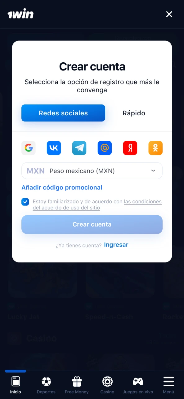 Formulario de registro en la página oficial 1Win para crear tu cuenta facilmente.