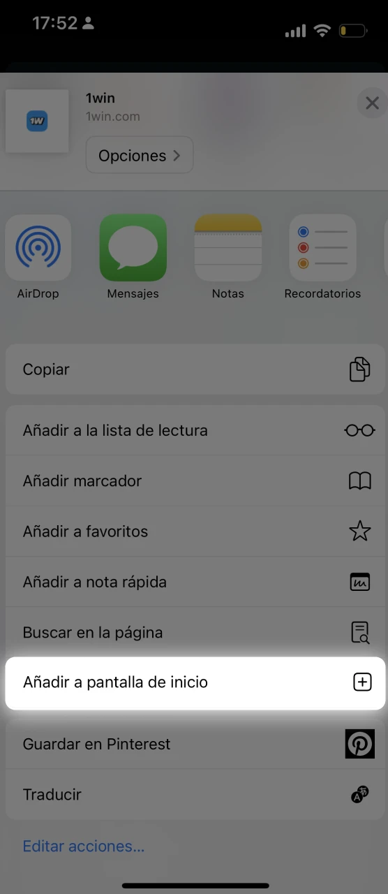 Guarda la app web oficial de 1Win en tu pantalla de inicio con un solo toque.