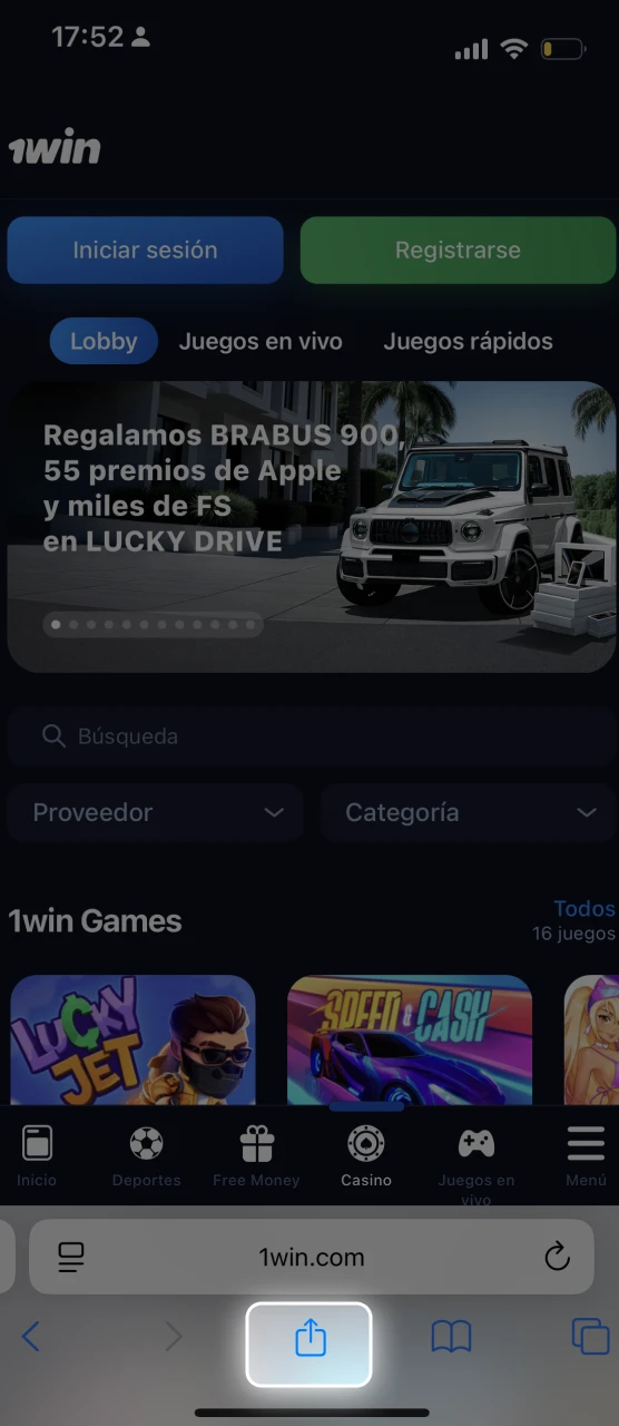 Abre el menu de acciones en Safari para instalar la app oficial de 1Win.