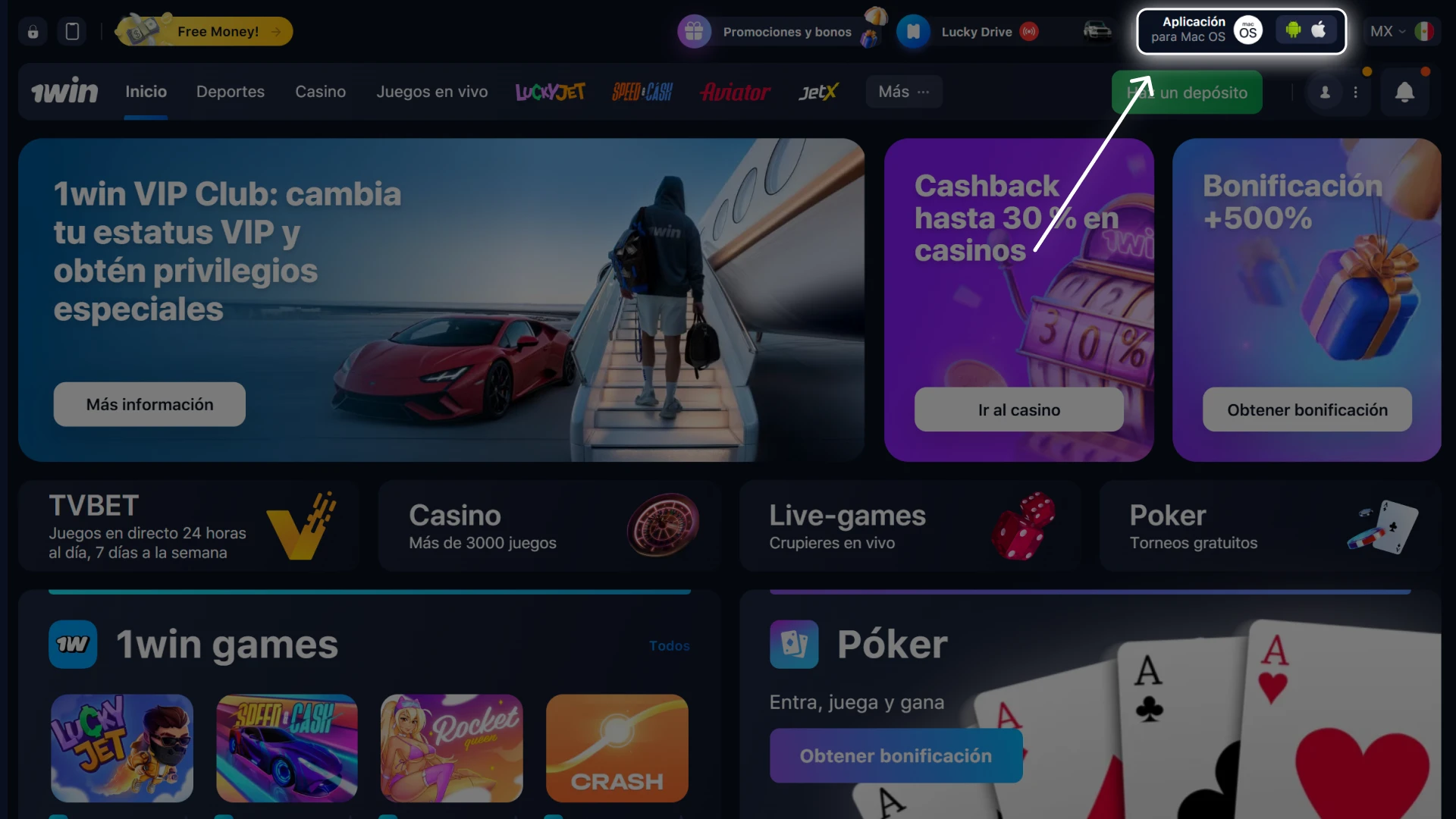 Haz clic en el ícono de instalacion en Microsoft Edge o Chrome para agregar la app oficial 1Win.