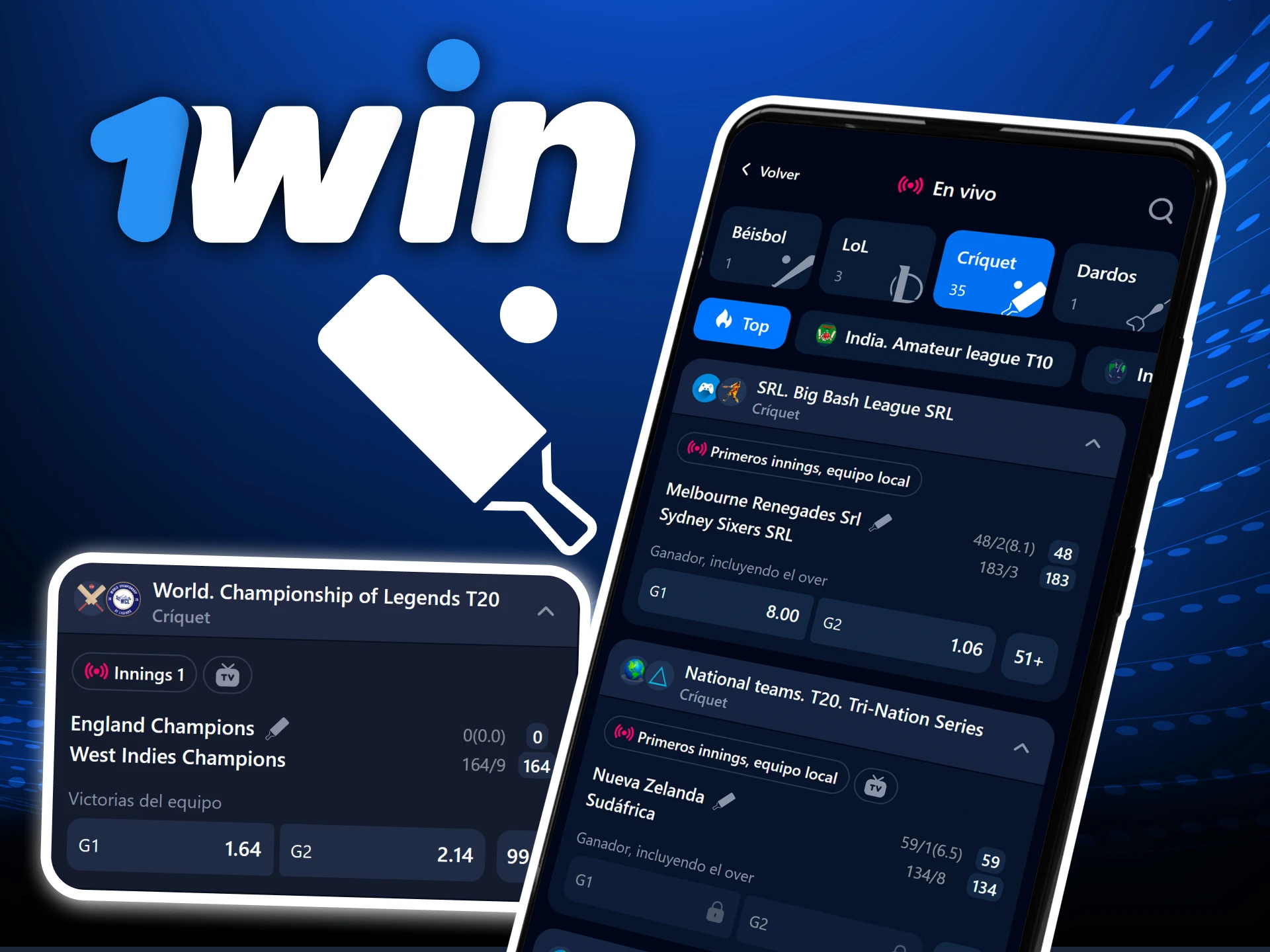 Apuestas en cricket con la app oficial 1Win en torneos como IPL, The Ashes y T20 World Cup.