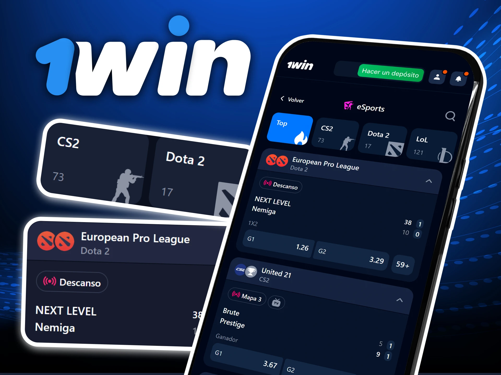 Apuestas en eSports con la app oficial 1Win en CS:GO, Dota 2, LoL, Valorant y mas.