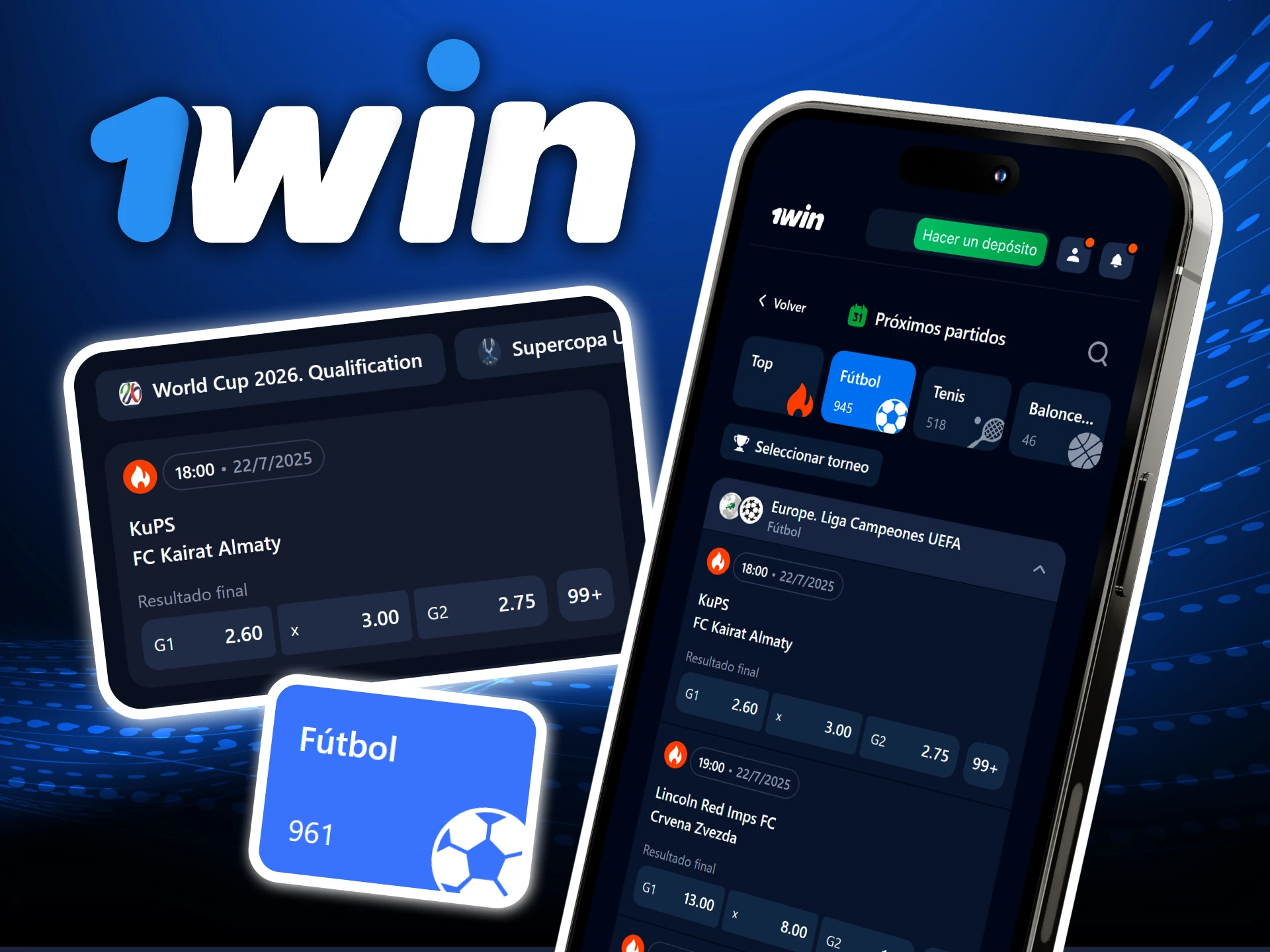 Apuestas en fútbol con la app oficial 1Win en ligas UEFA, FIFA y regionales con varias opciones.
