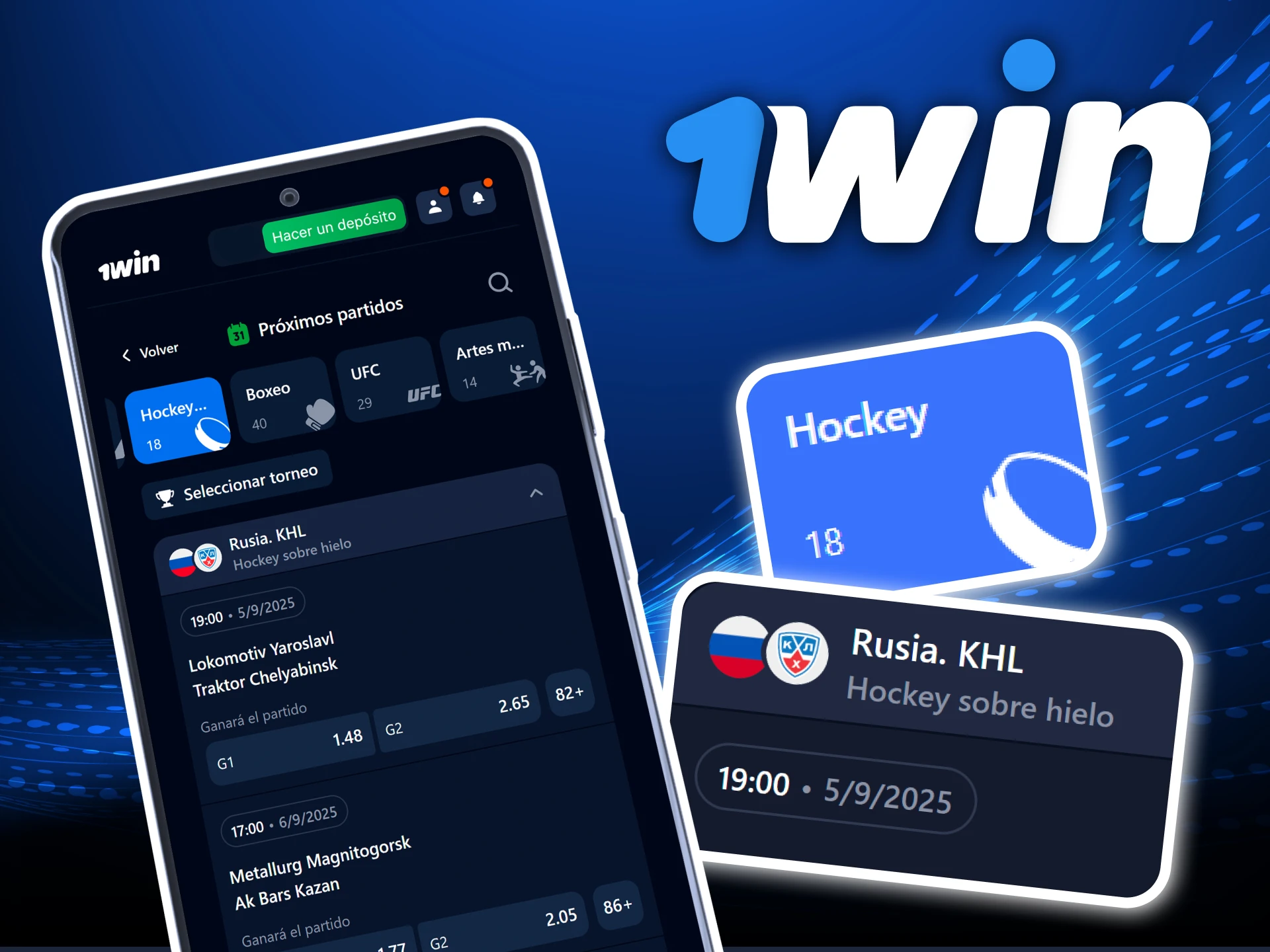 Apuestas en hockey sobre hielo con la app oficial 1Win en NHL, KHL y ligas europeas.