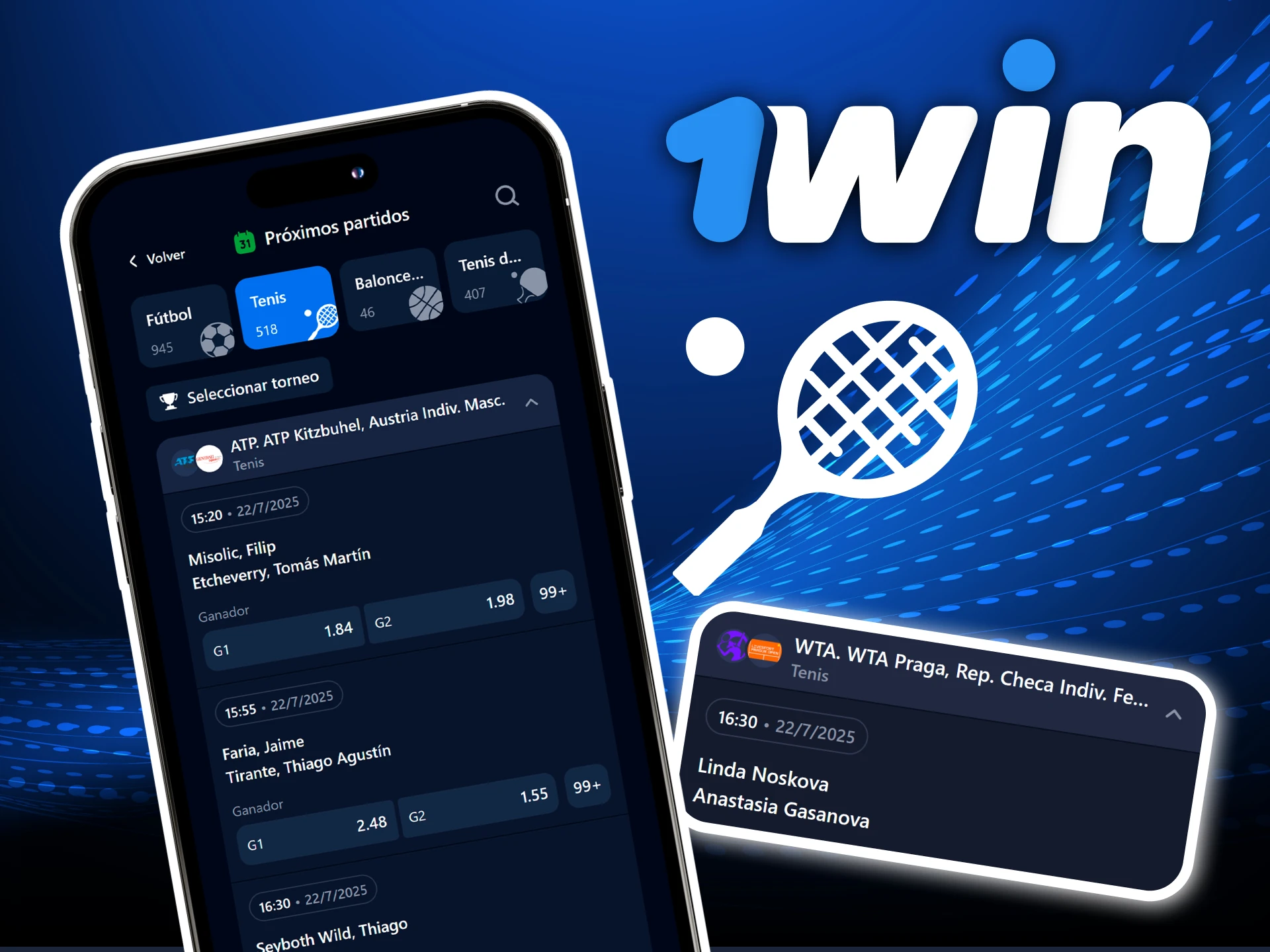 Apuestas en tenis con la app oficial 1Win en torneos ATP, WTA y Grand Slam con seguimiento en vivo.