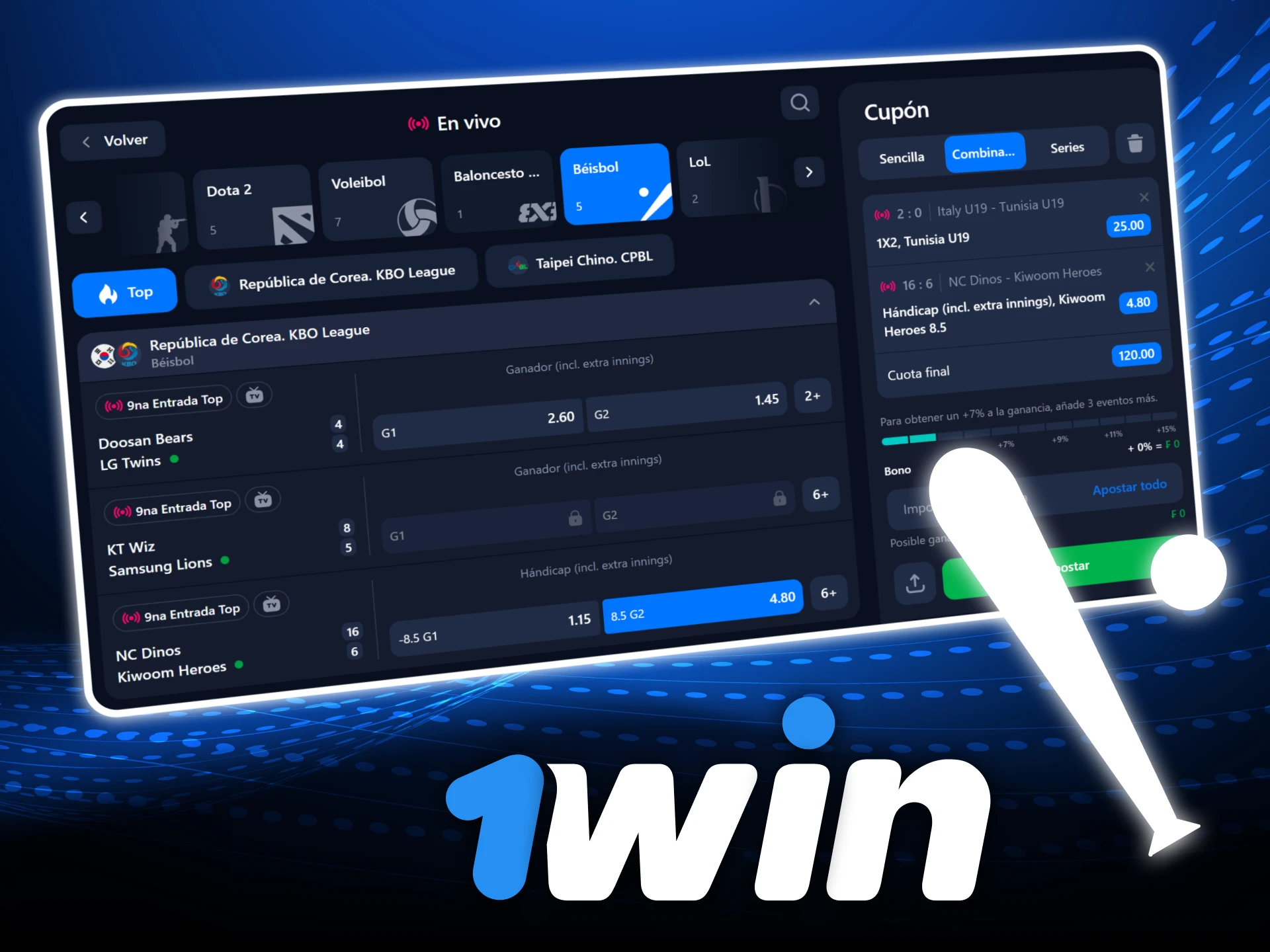 Apuesta en beisbol con variados mercados en el sitio oficial de 1Win casino y disfruta grandes torneos.