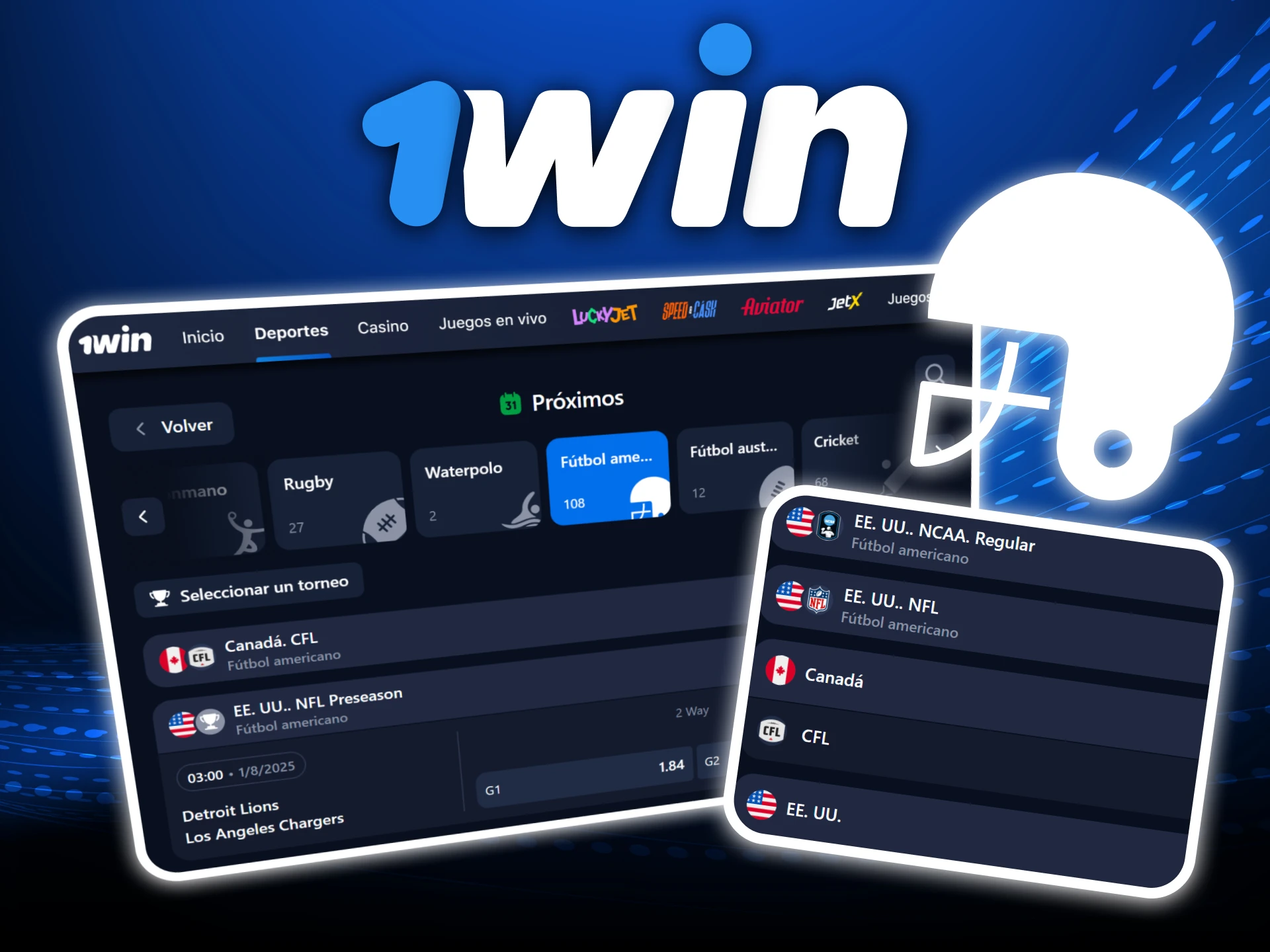 Apuesta en futbol americano con mercados completos en el sitio oficial de 1Win casino y sigue la NFL y mas.