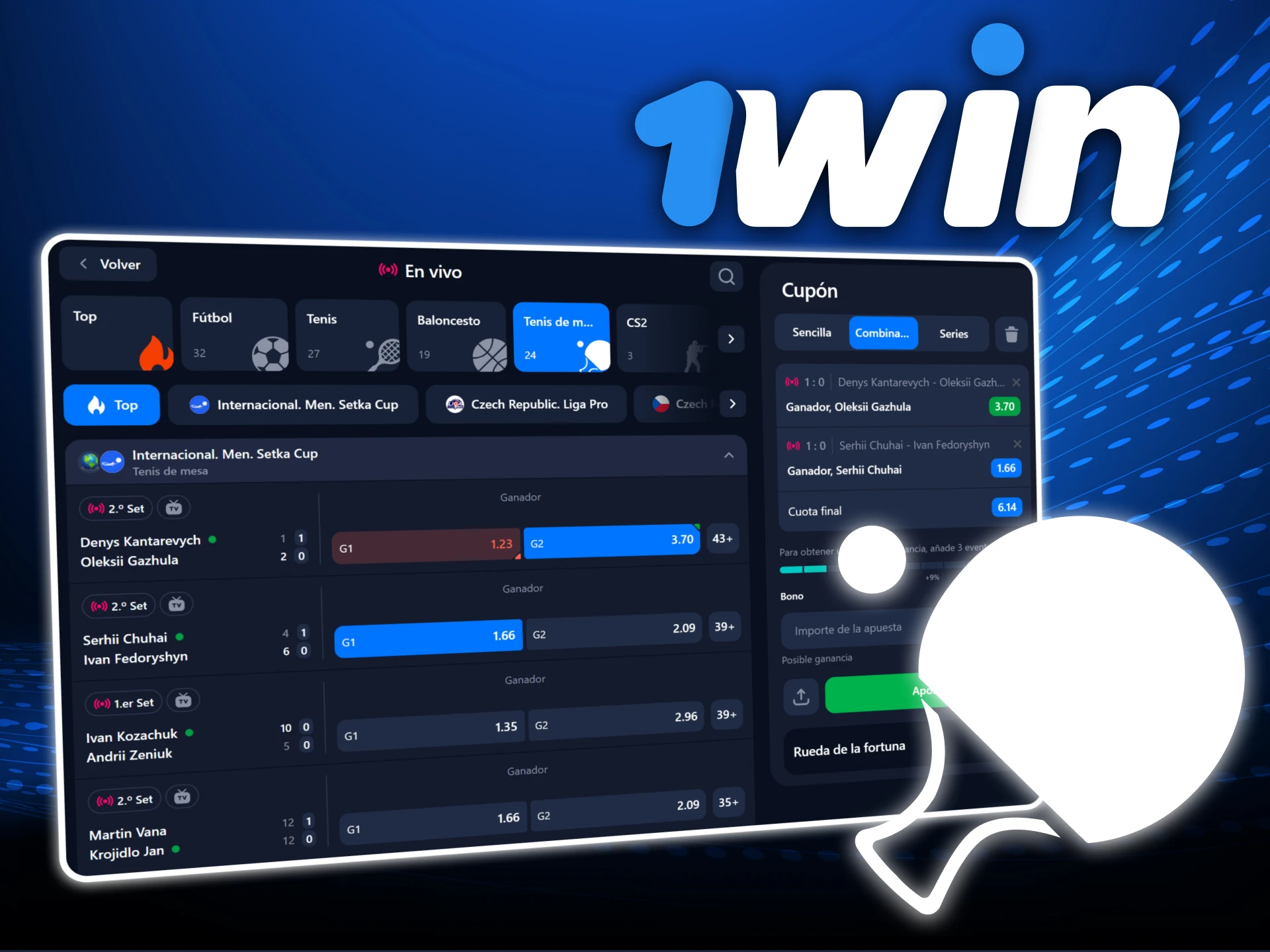 Apuesta en tenis de mesa con mercados en vivo en el sitio oficial de 1Win casino.