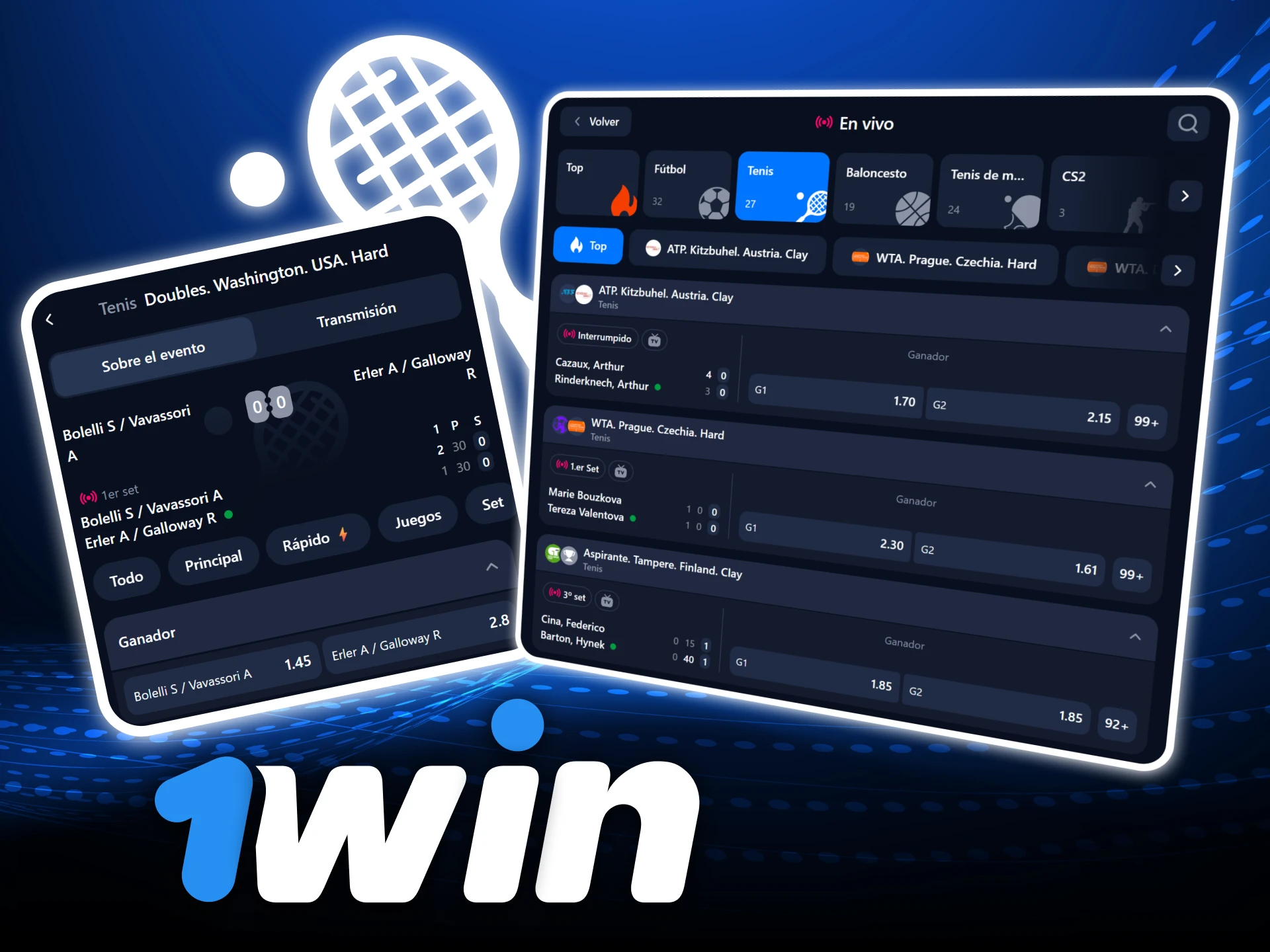 Apuesta en tenis con mercados completos y sigue los torneos oficiales en el sitio oficial de 1Win casino.