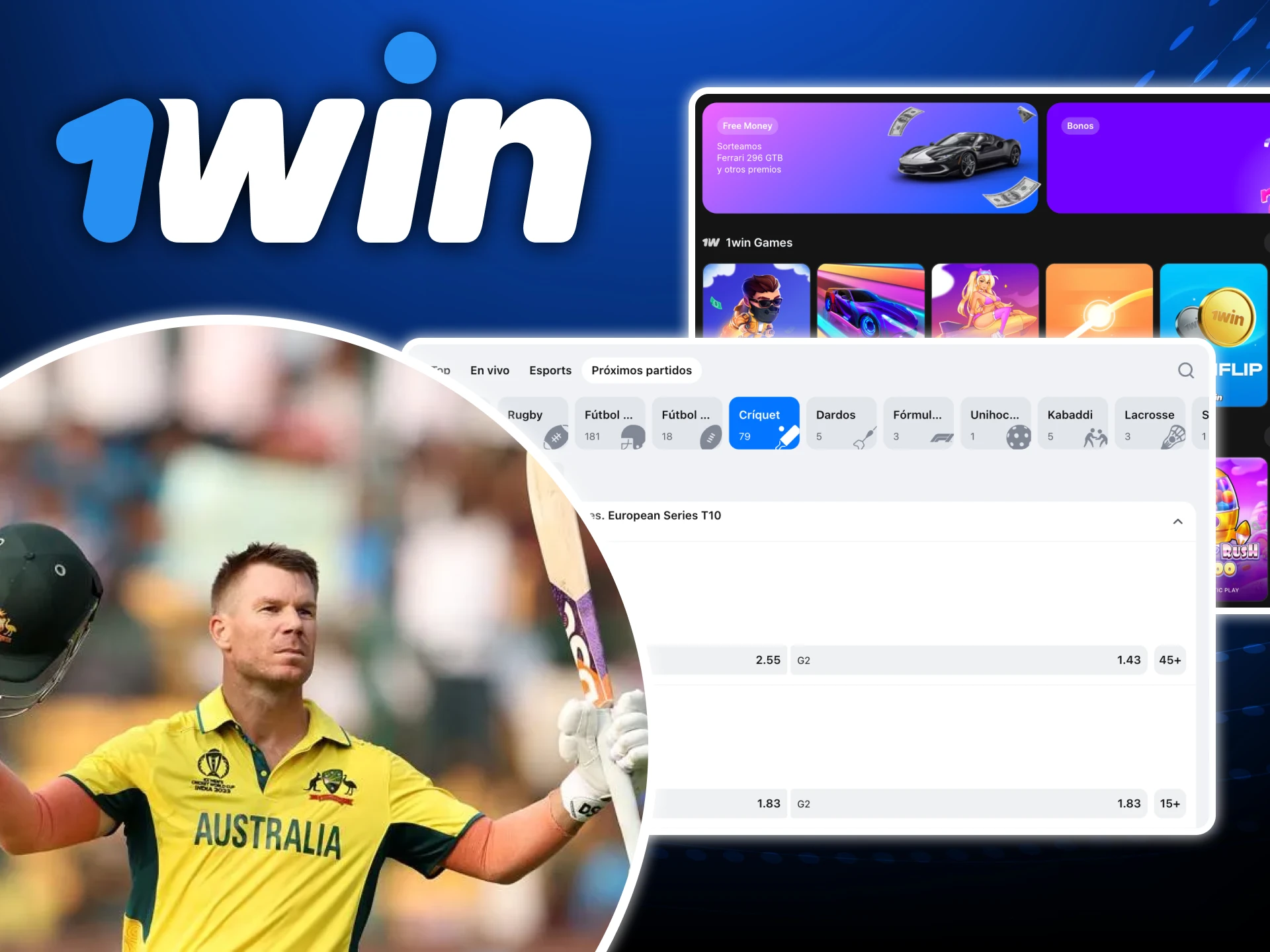 David Warner es uno de los embajadores del casino online 1win.