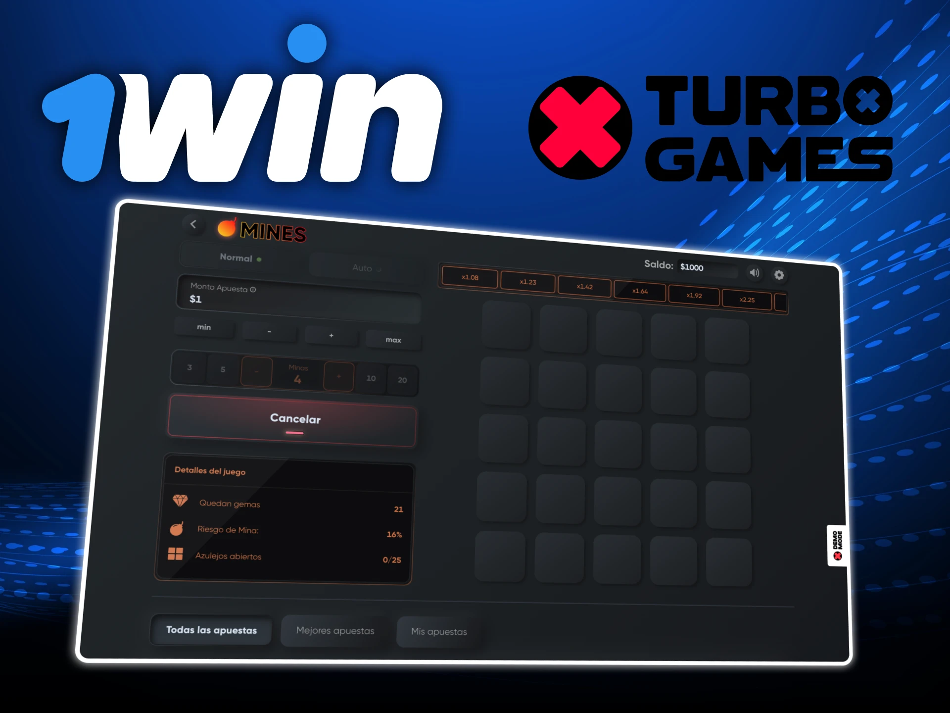 Juega y gana en el juego minas del proveedor Turbo games en el casino online 1win.