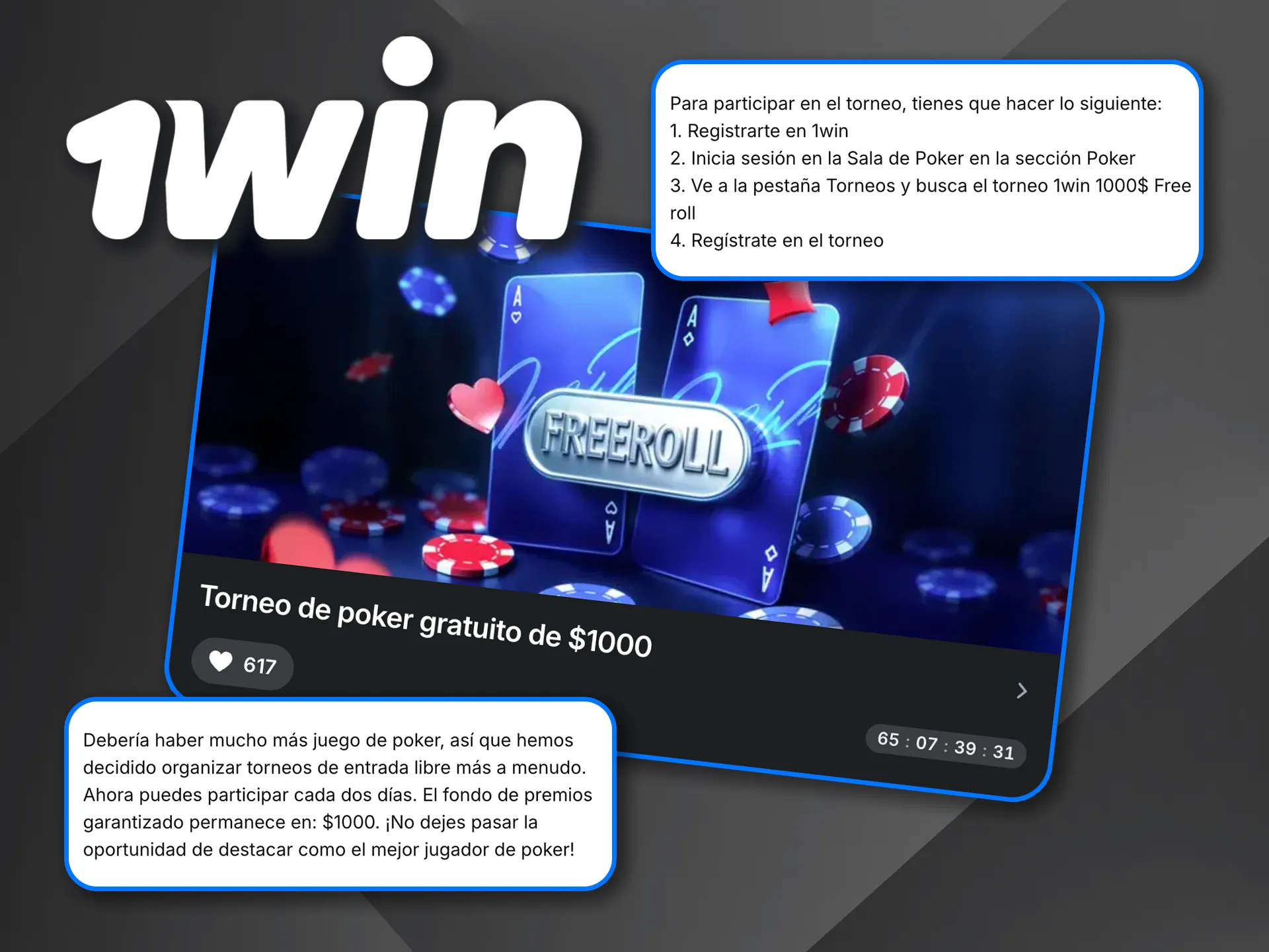 Participa en el torneo gratuito de póker de $1000 en 1win.