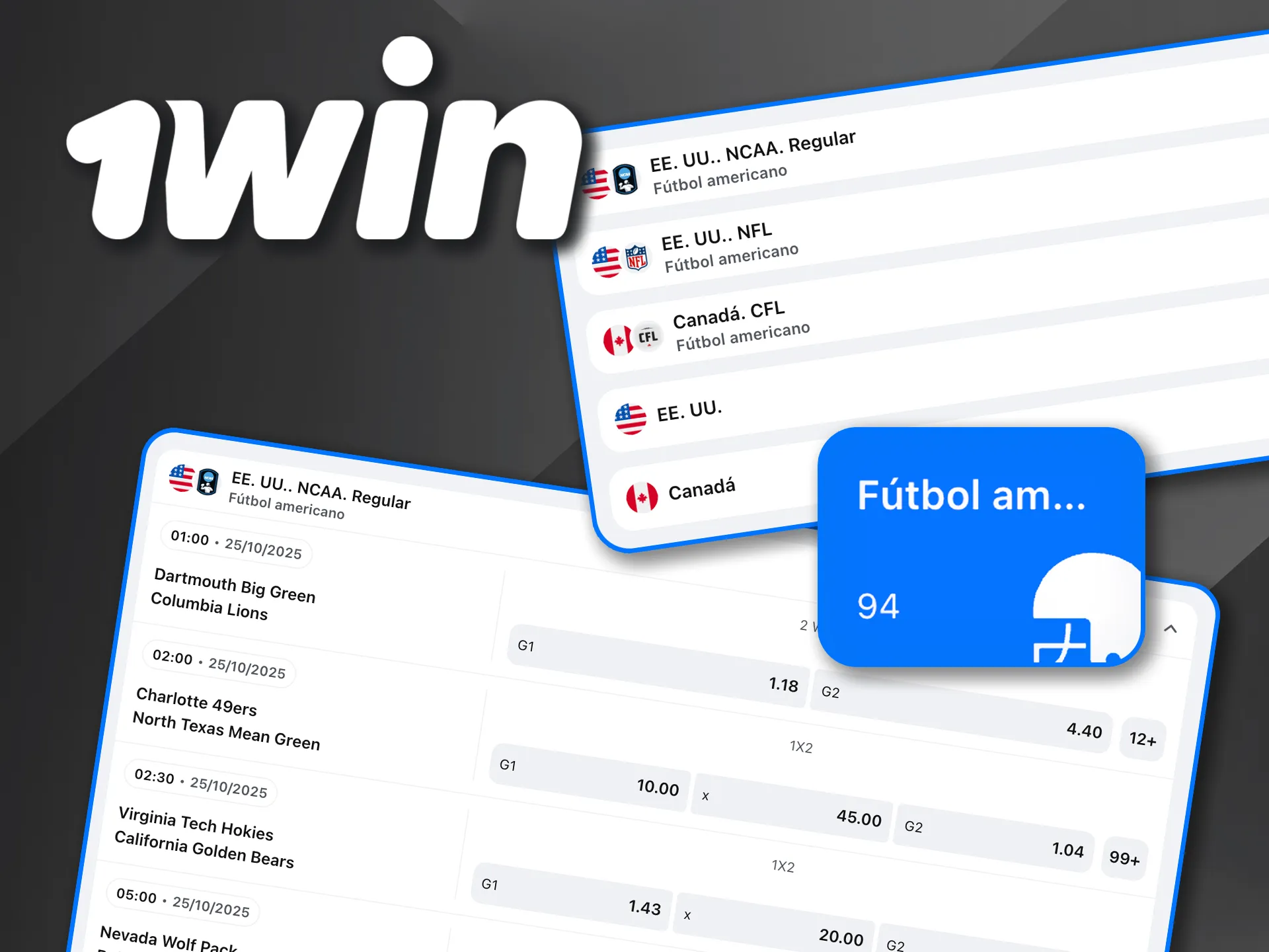 Pronostica touchdowns y victorias en fútbol americano con 1win.
