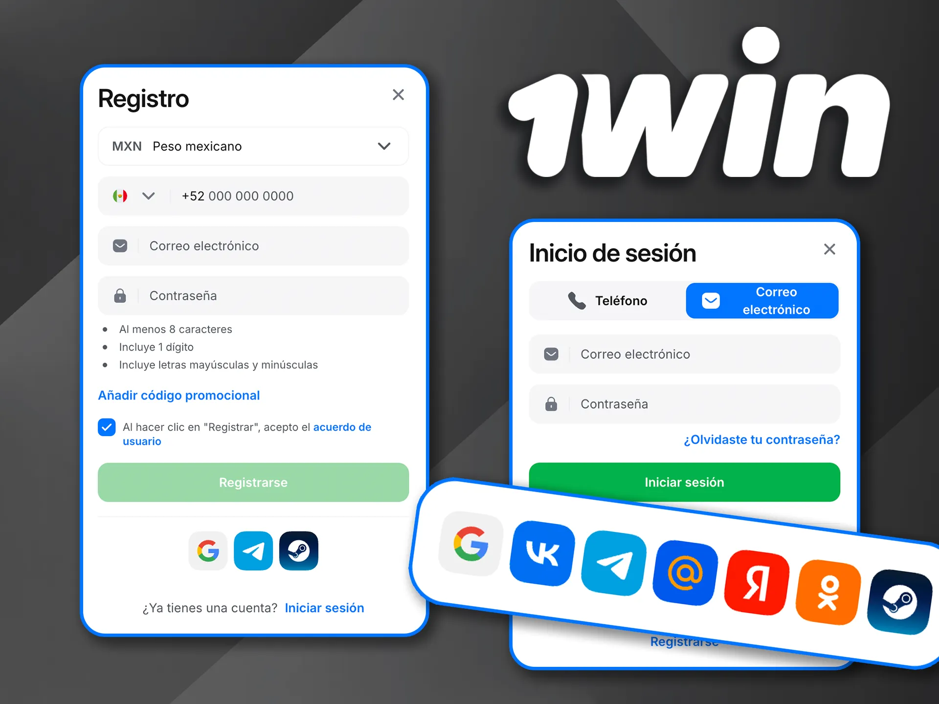 Regístrate en 1win con tus redes sociales y empieza a jugar.