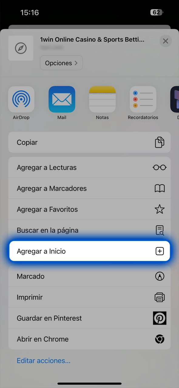 Guarda la app web oficial de 1Win en tu pantalla de inicio con un solo toque.