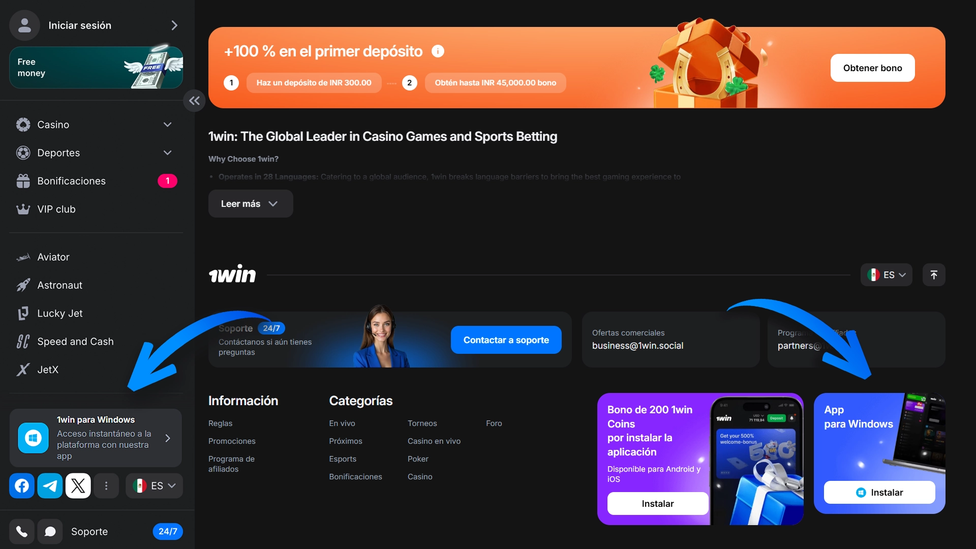 Haz clic en el ícono de instalacion en Microsoft Edge o Chrome para agregar la app oficial 1Win.
