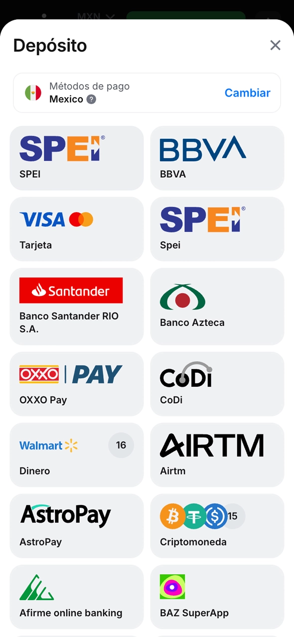 Abre la página de pago en tu cuenta de 1win.