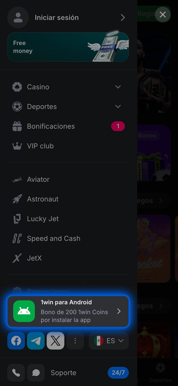 Abre la página oficial de 1win y busca el botón de descarga del archivo apk.