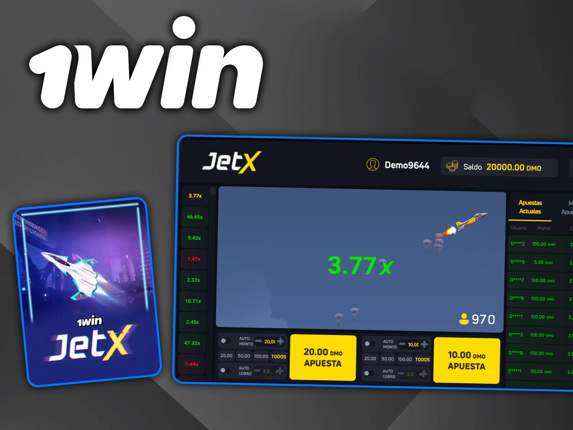 Prueba Jet X en 1win en modo demo y juega sin riesgo con saldo virtual.